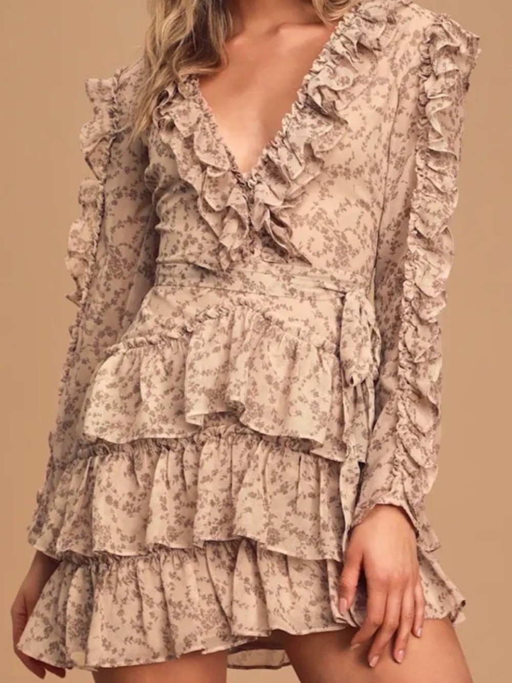 Bardot Floral Ruffle Mini Dress Tan‎ Long Sleeve V-Neck Tiered US 6 S
